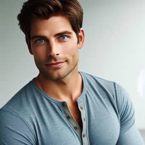 Confident Handsome Man with Short Brown Hair and Blue Eyes