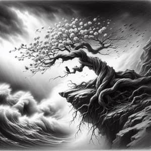 Tenacious Pencil Art: Gnarled Tree Defying Elements