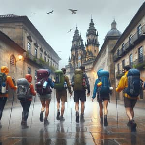 Hiking Enthusiasts Reaching Santiago de Compostela in Pouring Rain