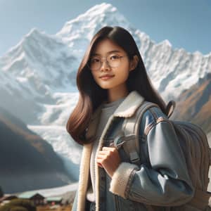 Asian Female Student Backpacking in Majestic Snow-Capped Mountain Scene