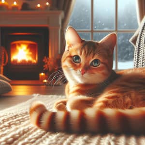 Domestic Short-Haired Cat Resting by Fireplace | Cozy Scene