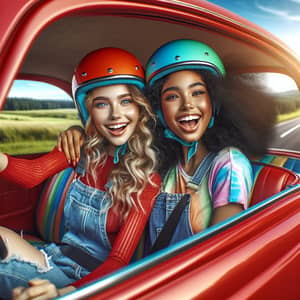 Exciting Ride in Red Car: Diverse Girls, Colorful Helmets