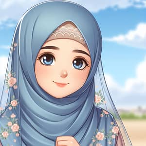 Middle-Eastern Girl in Blue Floral Hijab | Sunny Day Portrait