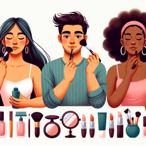 Diverse Beauty Routine with Latinx Woman, Asian Man, and Non-binary Individual
