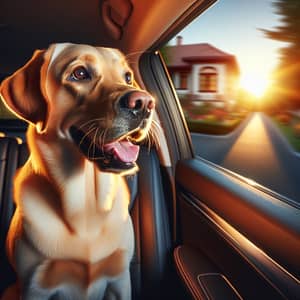 Golden Labrador Retriever Enjoying Car Ride in Suburban Neighborhood