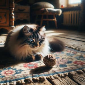Fluffy Siamese Cat Resting on Vintage Floral Rug