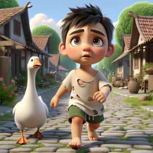 3D Animated Village Scene: Child Chased by Goose
