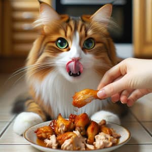 Sleek Orange and White Cat Enjoying Chicken | Kitchen Scene