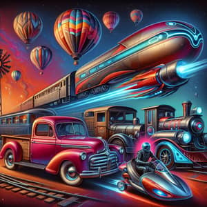 Abstract Vehicles: Vintage Car, Hoverbike, Pickup Truck, Train & Hot Air Balloons
