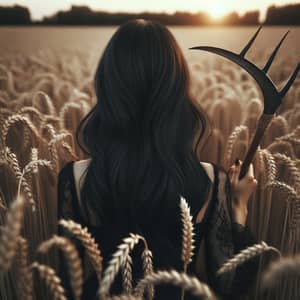 Slavic Black-Haired Witch in Wheat Field with Sickle