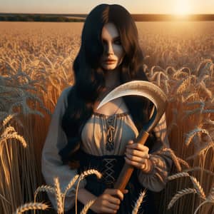 Enigmatic Black-Haired Witch in Golden Wheat Field with Sickle