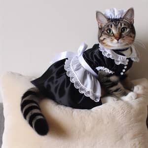 Adorable Cat in French Maid Outfit on Pillow