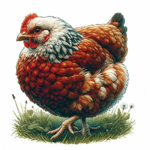 Beautiful Red and White Chicken in Profile on Green Grass