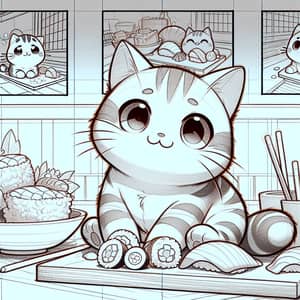 Cute Anime Cat Surrounded by Sushi and Sashimi