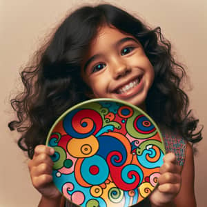 Smiling Hispanic Girl with Colorful Plate - Abstract Cartoon Style