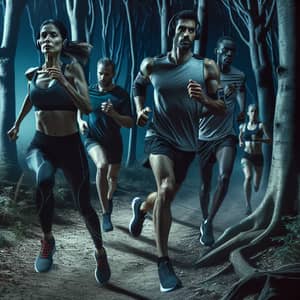 Midnight Forest Run: Diverse Group of Runners in Action