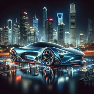 Sleek Metallic-Blue Sports Car in Futuristic Urban Landscape