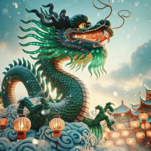 Green Chinese Dragon in Winter Setting - Chinese New Year Festivities