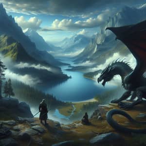 Dragon Speaking to Person on Mountain Edge with Lake Nearby