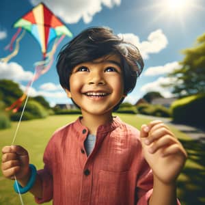 Young South Asian Boy Flying Colorful Kite in Sunlit Park