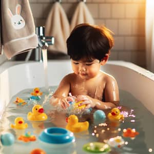South Asian Child Bathing in Cozy Bathtub with Rubber Duck