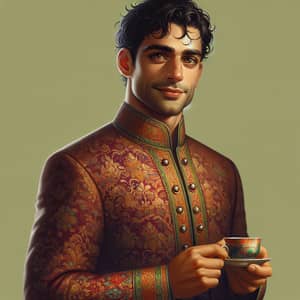 Traditional South Asian Man in Colorful Sherwani with Tea