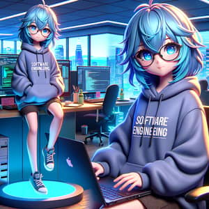 Endearing Anime Character as Software Engineer in Cyberpunk Office