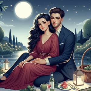 Romantic Couple Enjoying Moonlit Night by the River