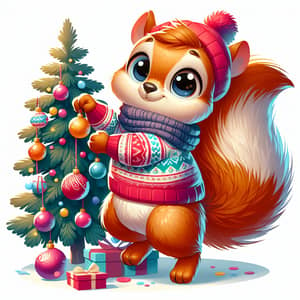 Joyful Squirrel Hanging Ornaments on Christmas Tree | Happy New Year Illustration
