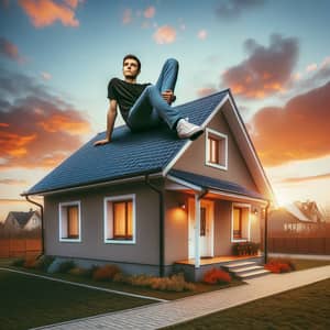 Relaxed Individual on Suburban House - Unique Scene