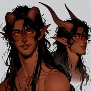 Young South Asian Male Tiefling with Medium-Length Horns and Kind Eyes