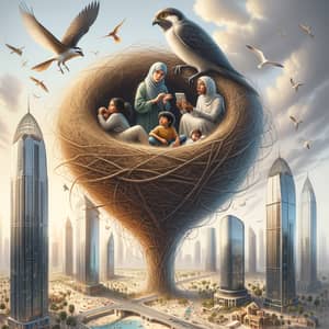 Colossal Bird's Nest in Skyscraper: Surreal Cityscape Community