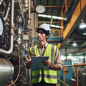 South Asian Male Maintenance Engineer Examining Complex Machinery