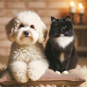 Maltipoo Dog and Black Cat Cozy Friendship | Pet Duo Scene