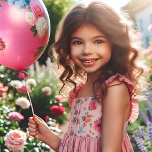 Young Caucasian Girl in Pink Floral Dress with Colorful Balloon