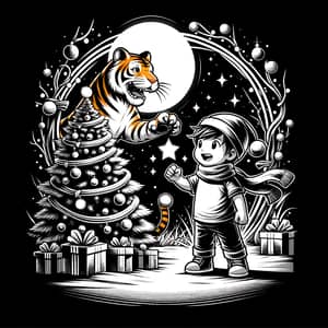 Christmas Vector Graphic Art with Young Boy and Tiger Friend
