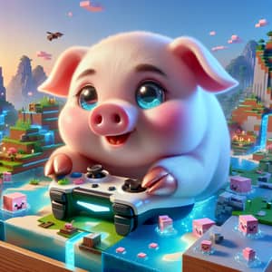 Cute Pig Playing Minecraft in Imaginative Worlds