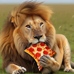 Funny and Mesmerizing: Lion Enjoying Pizza in African Savanna