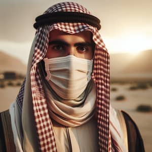 Arabic Man in Traditional Garment and Face Mask | Desert Sunset