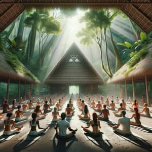 Diverse Group Yoga Session in Traditional South American Maloca
