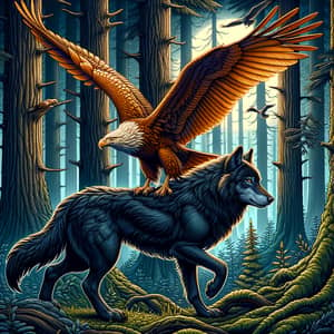 Black Wolf and Golden Eagle in Forest