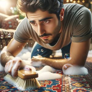 Iranian Man Cleaning Persian Rug in Brightly Lit Room