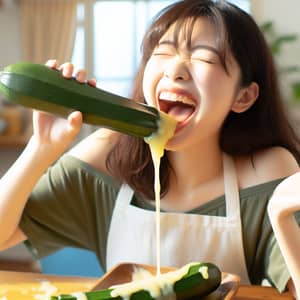 Asian Woman Biting into Juice-Filled Zucchini | Kitchen Scene