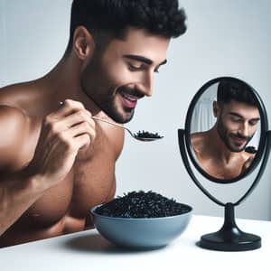 Middle-Eastern Man Enjoying Black Rice Meal | Reflection in Mirror