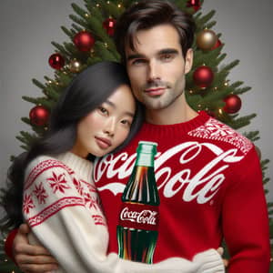 East Asian Woman and French Man in Festive Coke Sweaters Embrace by Christmas Tree