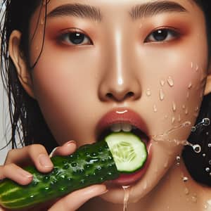 East Asian Woman Eating Juicy Cucumber
