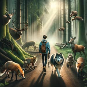Serene Forest Life: Teenager and Husky Dog in Enchanted Woodland
