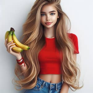 Caucasian Teen Girl with Waist-Length Blonde Hair and Bananas