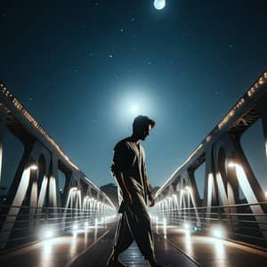South Asian Male Strolling on Illuminated Bridge at Night