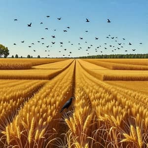 Pasture Field with Wheat, Barley, Corn, Birds and Crows
